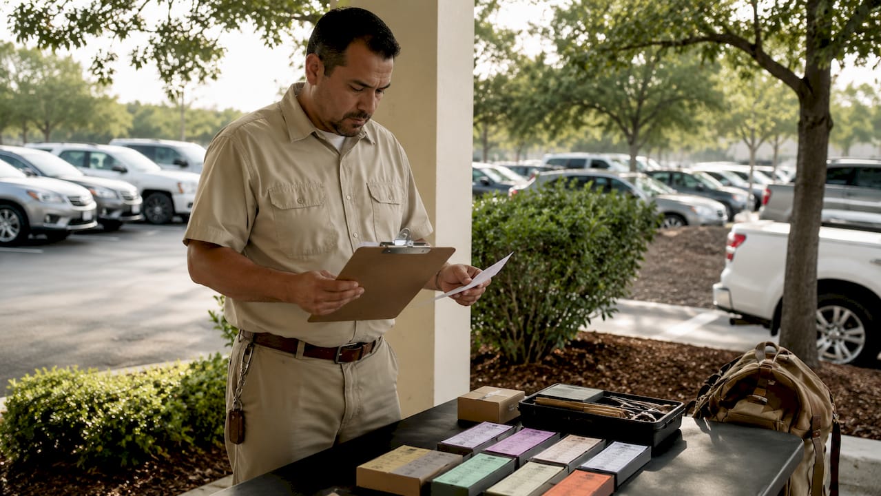 Manager checking bulk parking ticket inventory in storage