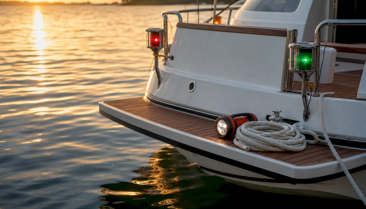 Close-up of red and green boat sidelights on bow