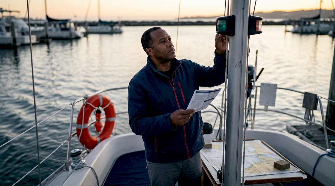 Man inspecting boat navigation lights outdoors
