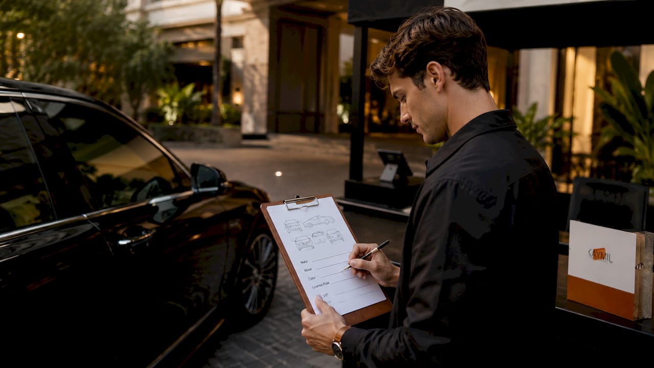 Hands filling out premium valet vehicle ticket form