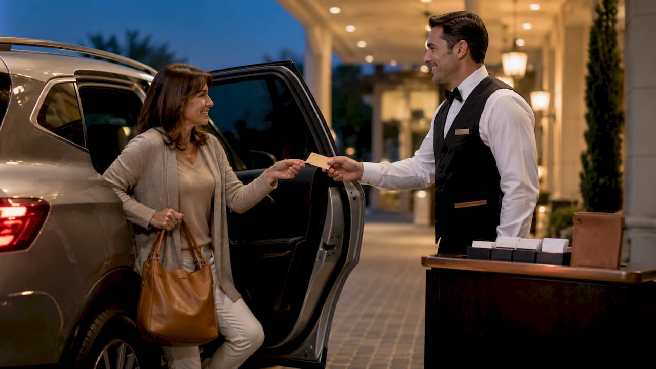 Valet attendant handing premium valet ticket to guest
