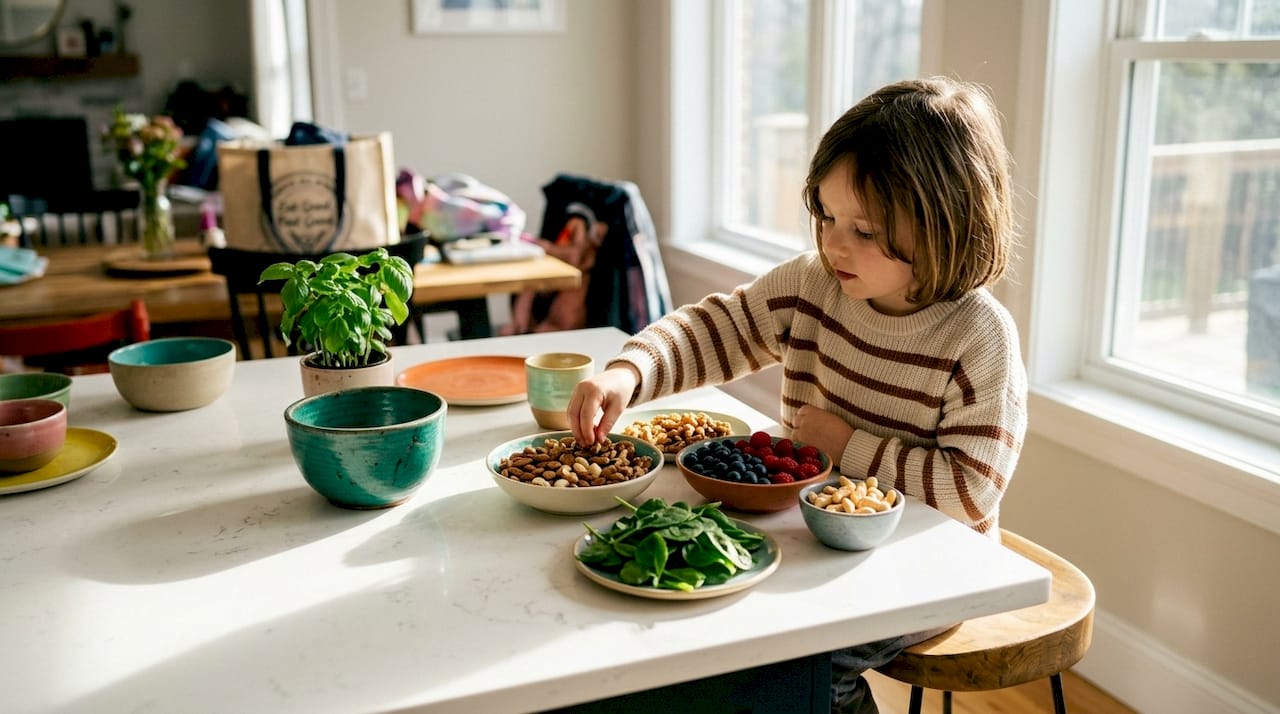 Child holding bowl of nutrient-dense foods