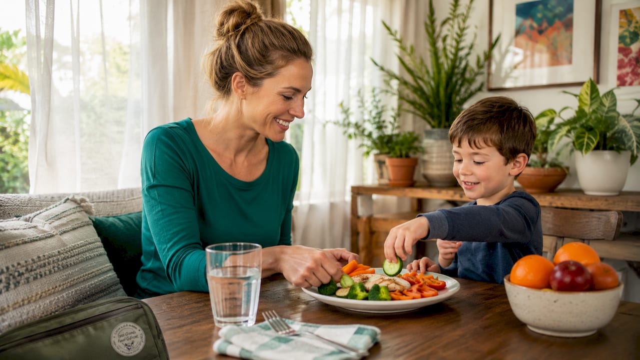 Mother serving nutritious meal to child