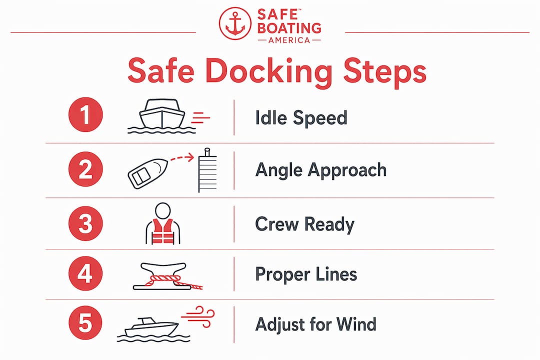 Infographic illustrating safe boat docking steps with key points