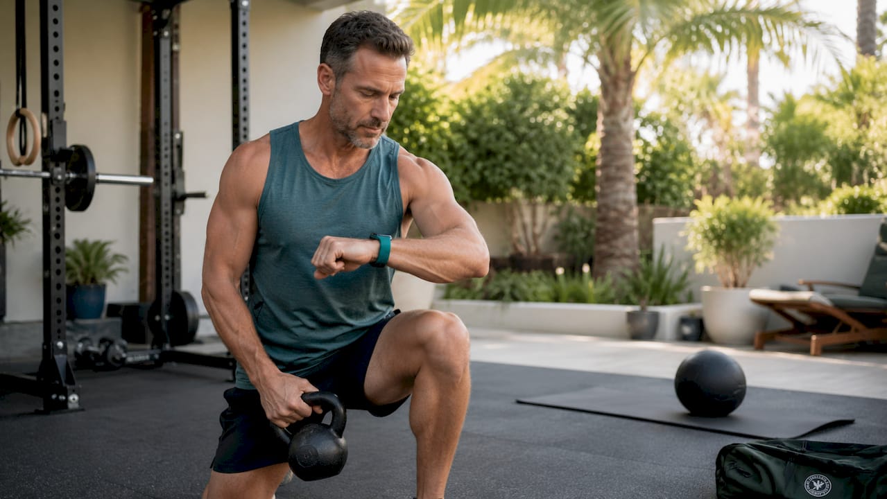Man adjusting weights wearing fitness tracker