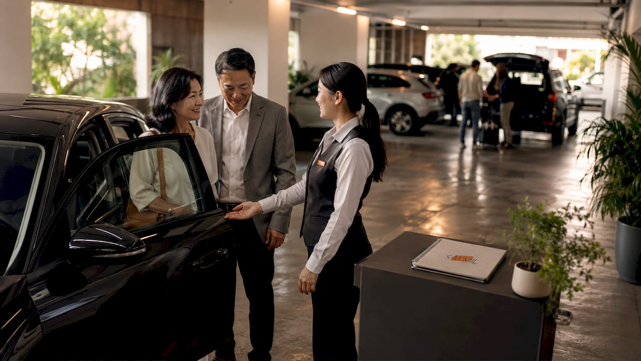 Overhead view of valet and self-parking zones in hotel garage