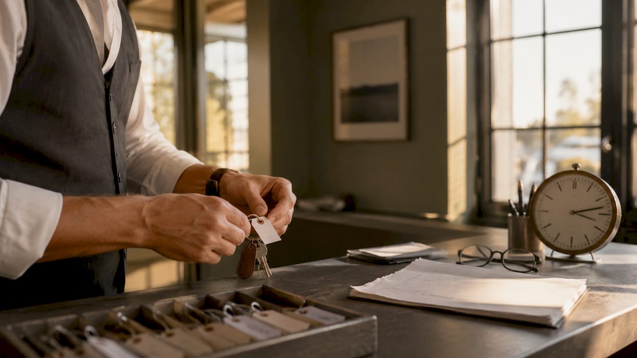 Valet hands attaching ticket to key ring indoors