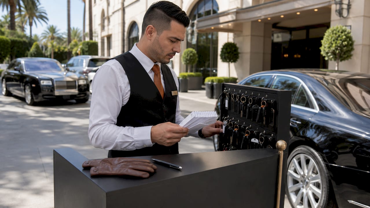 Valet attendant handling numbered tickets at hotel entrance