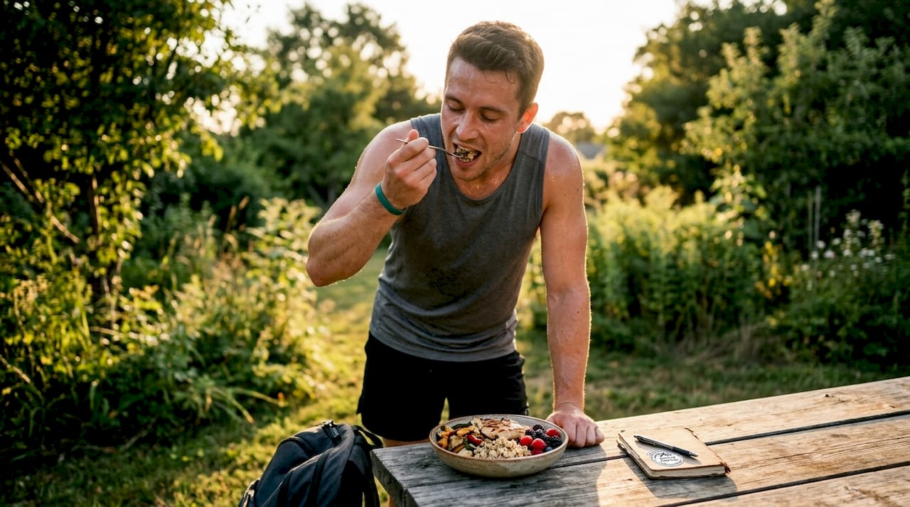 Athlete eating balanced healthy meal outdoors