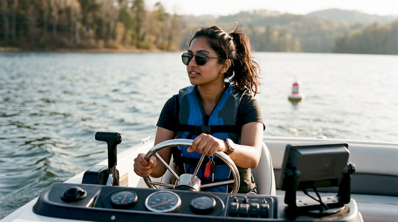 Young woman steering powerboat on calm lake