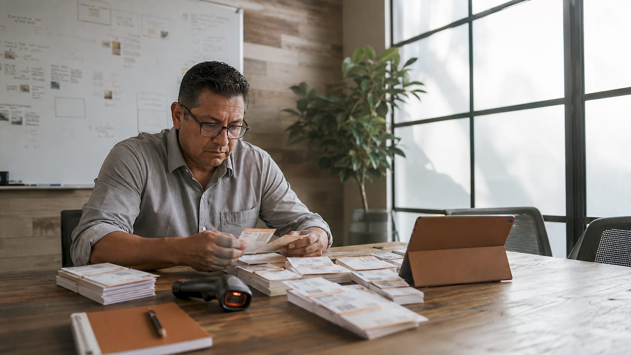 Man organizing parking tickets at office desk