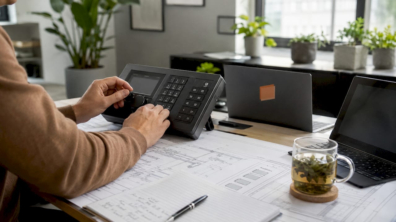 Hands typing on keyboard with tech documents