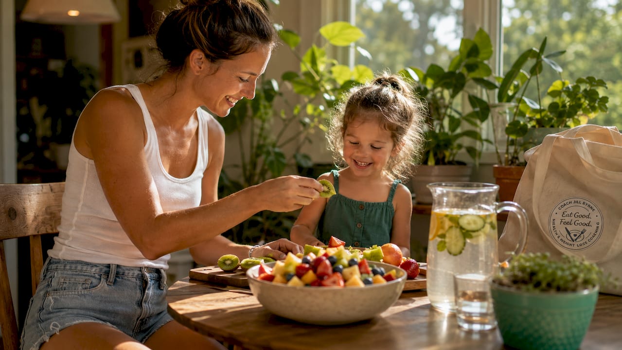 Mother and daughter making fruit salad