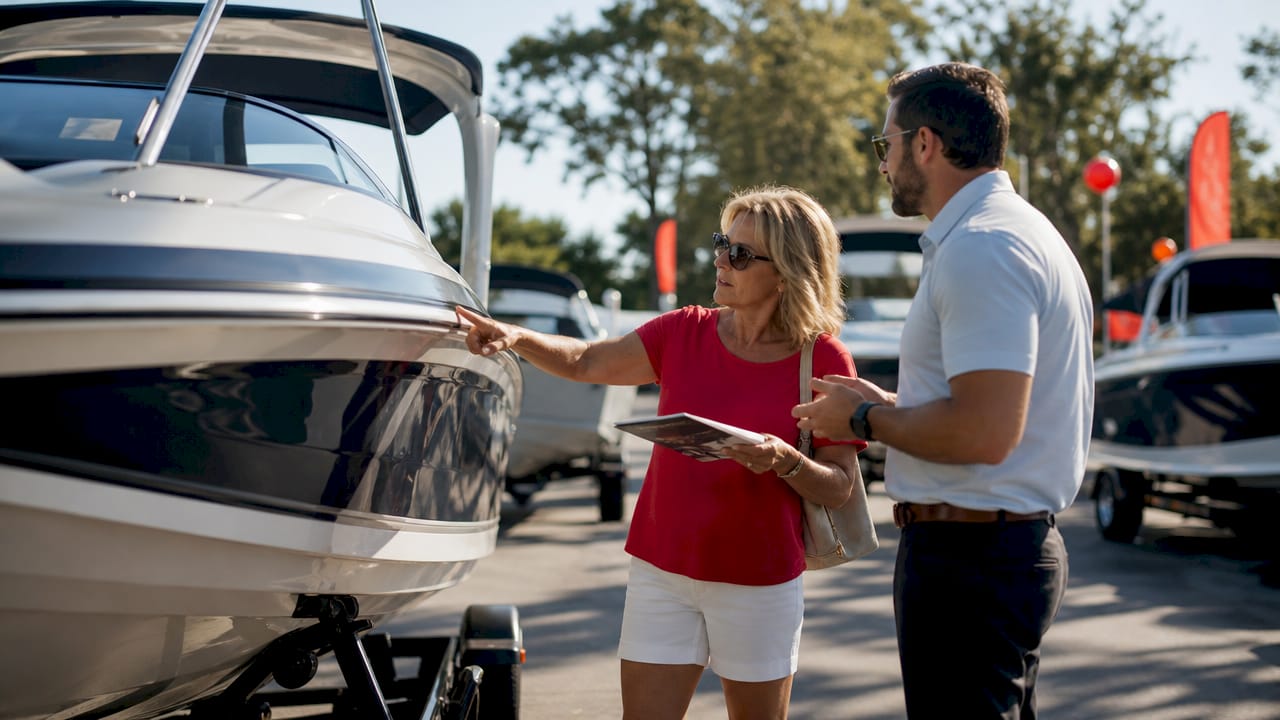 Buyer inspecting boat model in showroom