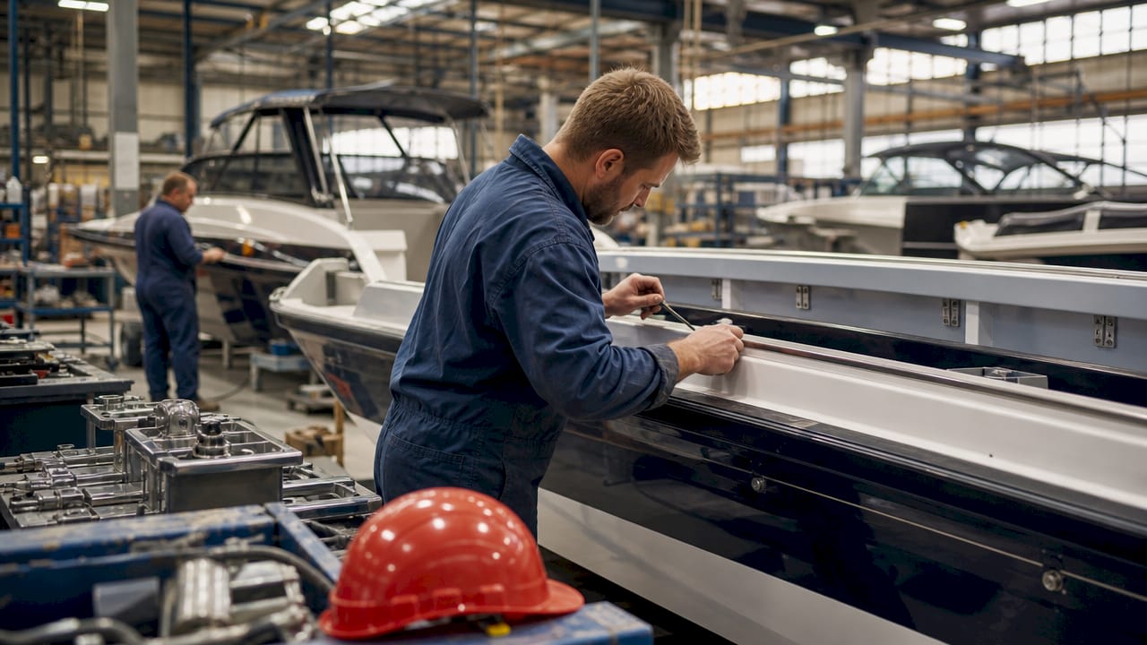 Workers assembling powerboats in factory
