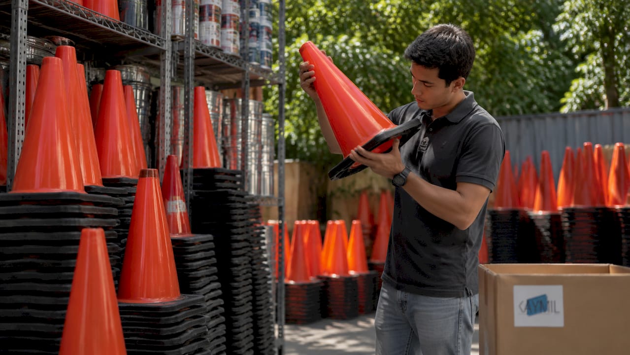 Worker inspecting parking cones in storage