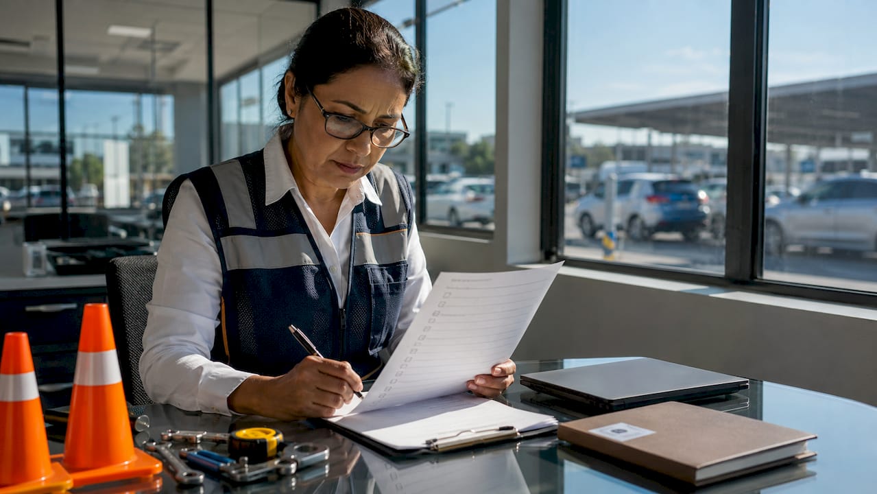 Parking lot manager reviewing supplies checklist