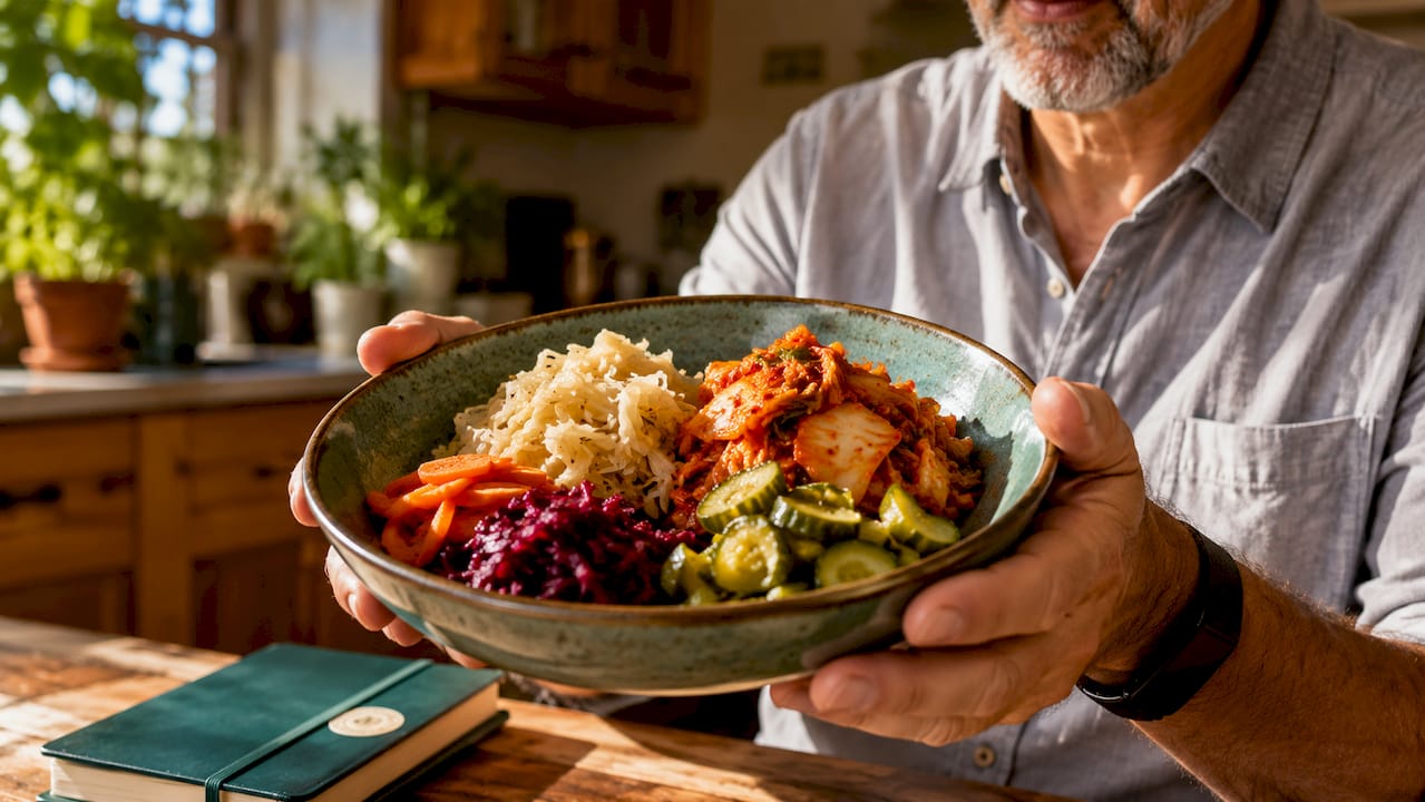 Hands holding bowl of fermented foods concept