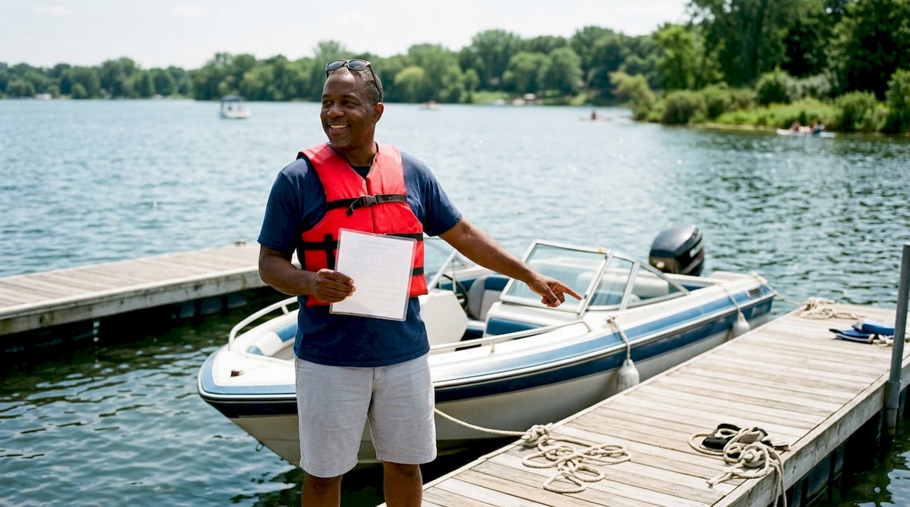 Boater holding Illinois boating safety certificate outdoors