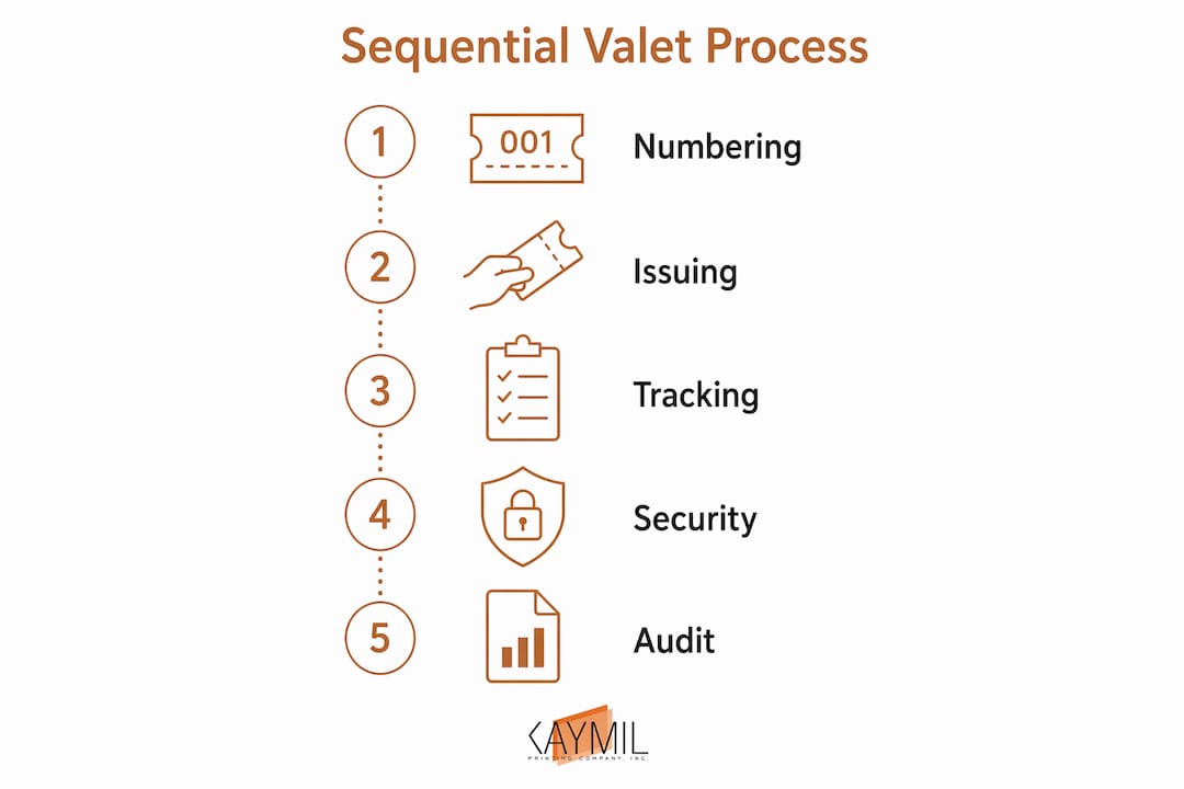 Infographic illustrating sequential valet ticket process steps