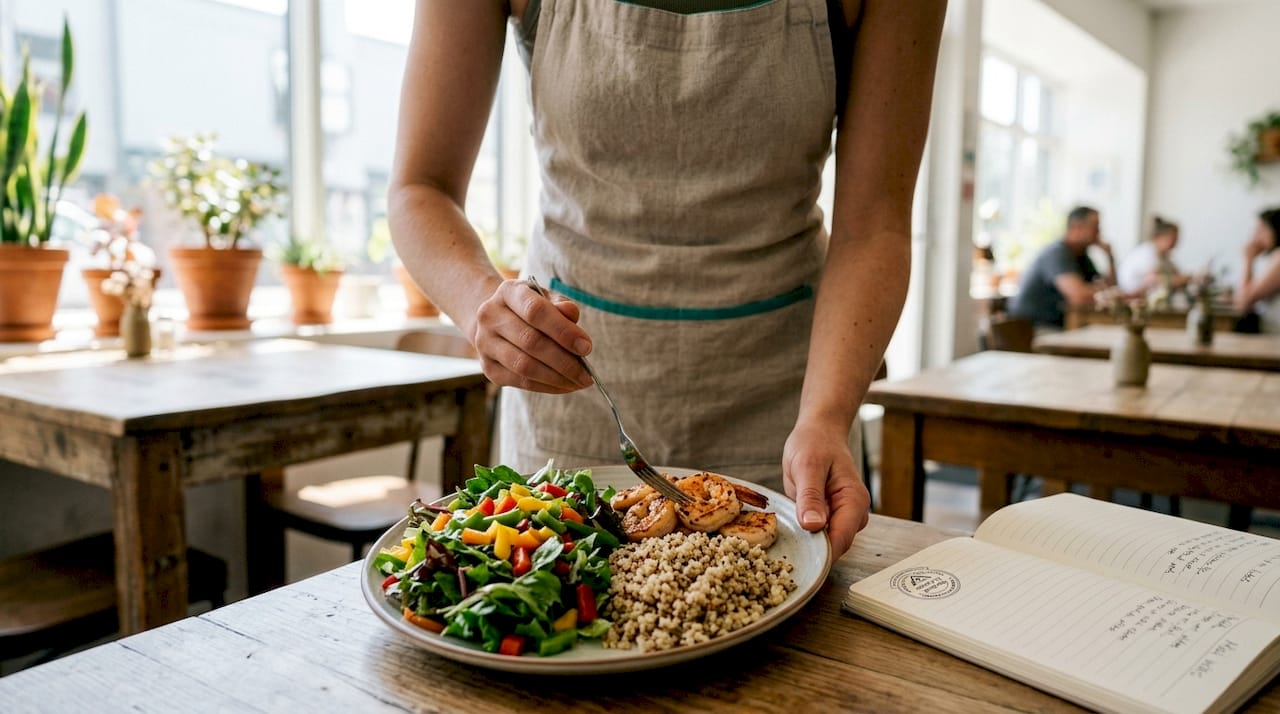 Woman plating balanced meal with portion control