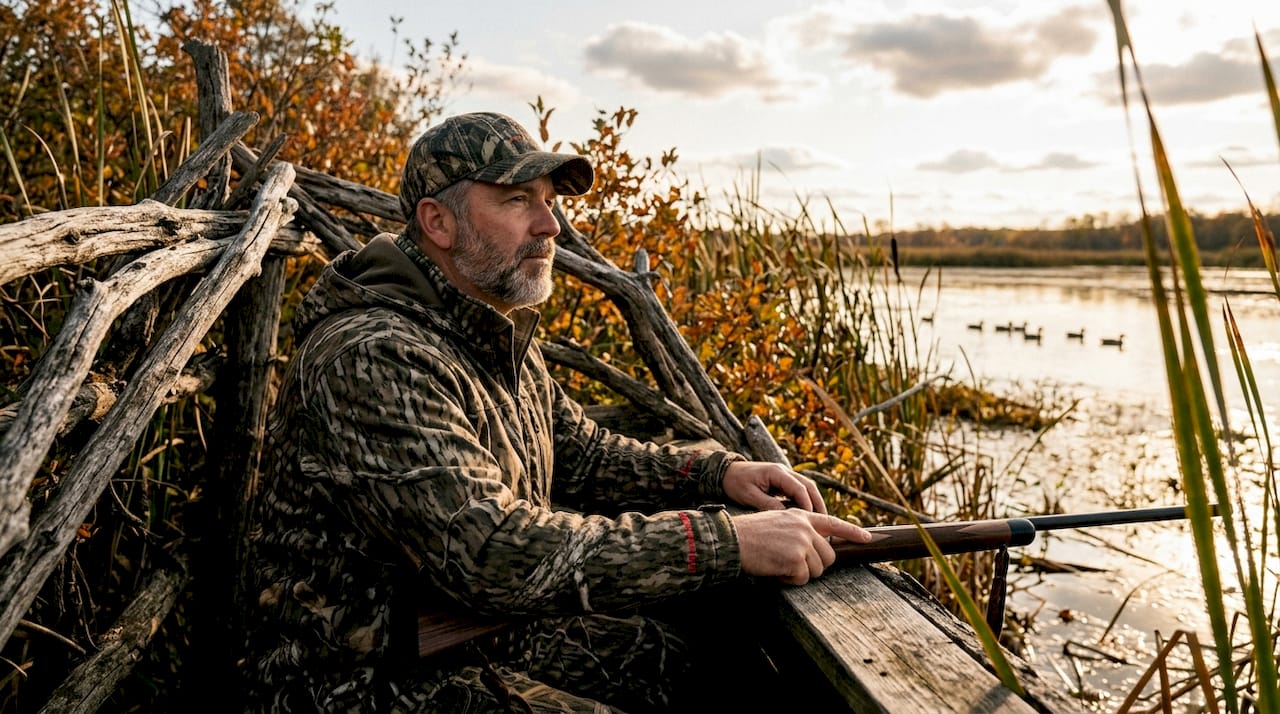 Hunter in wetland blind preparing for waterfowl hunting