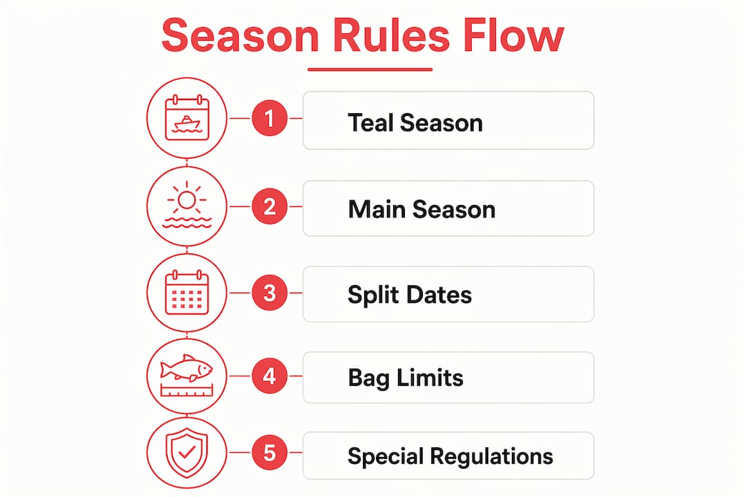 Infographic showing Indiana waterfowl season rules flow
