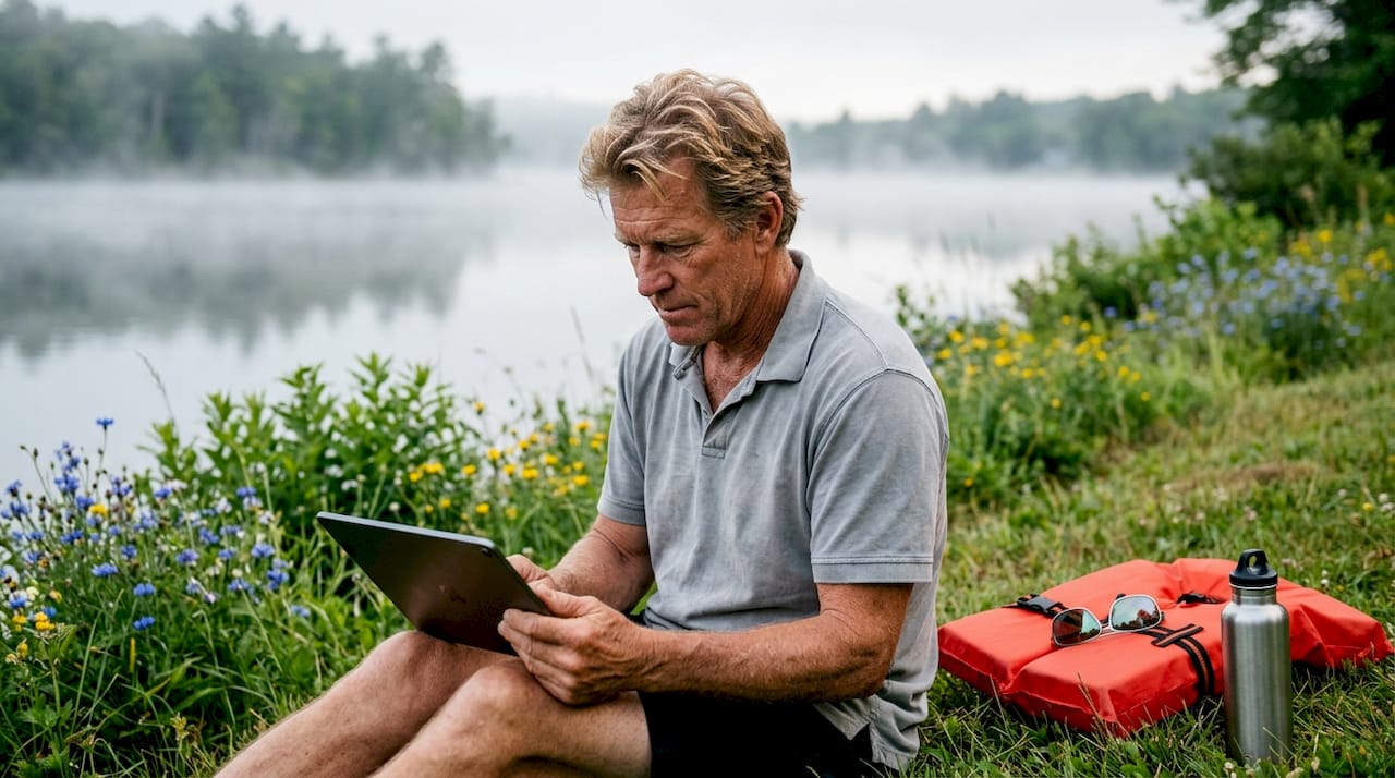 Man watching boating tutorial on tablet at dock