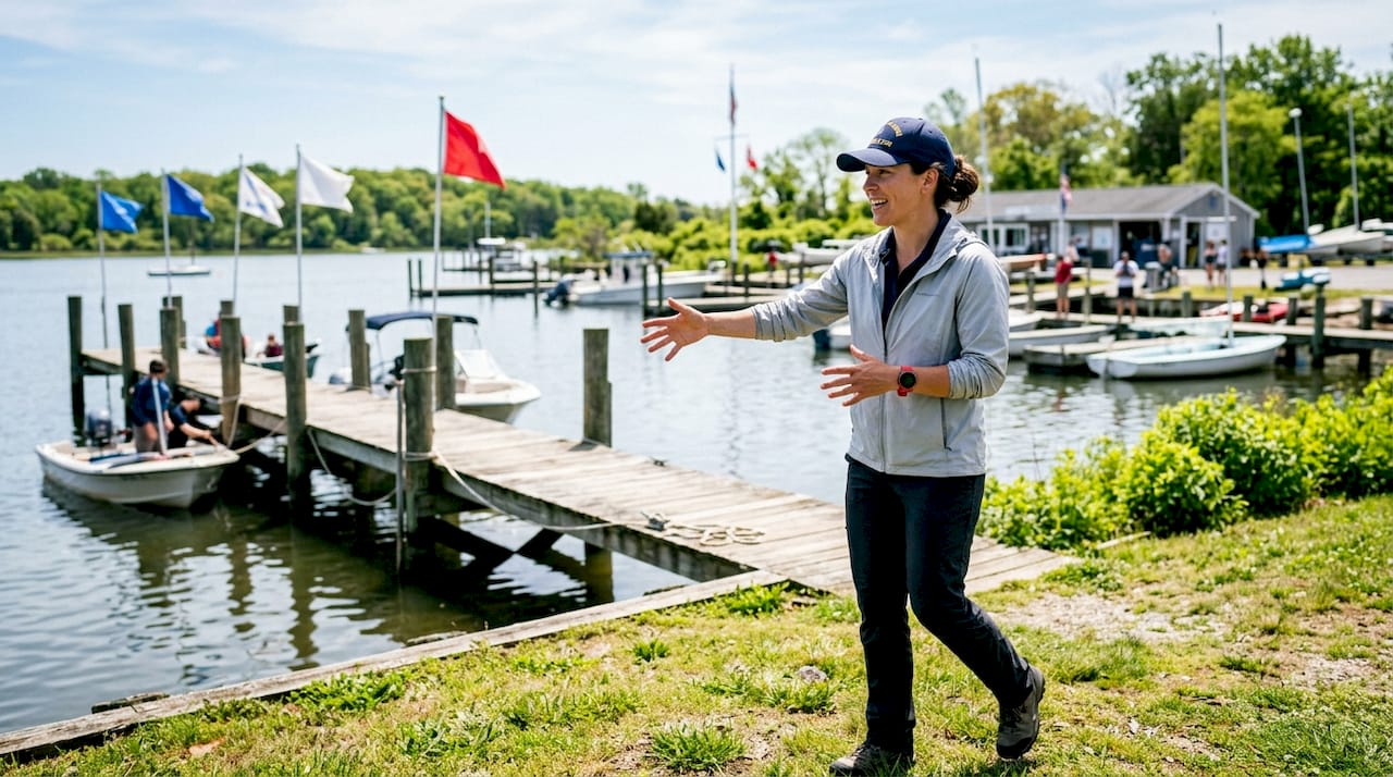 Boating instructor demonstrating docking on motorboat