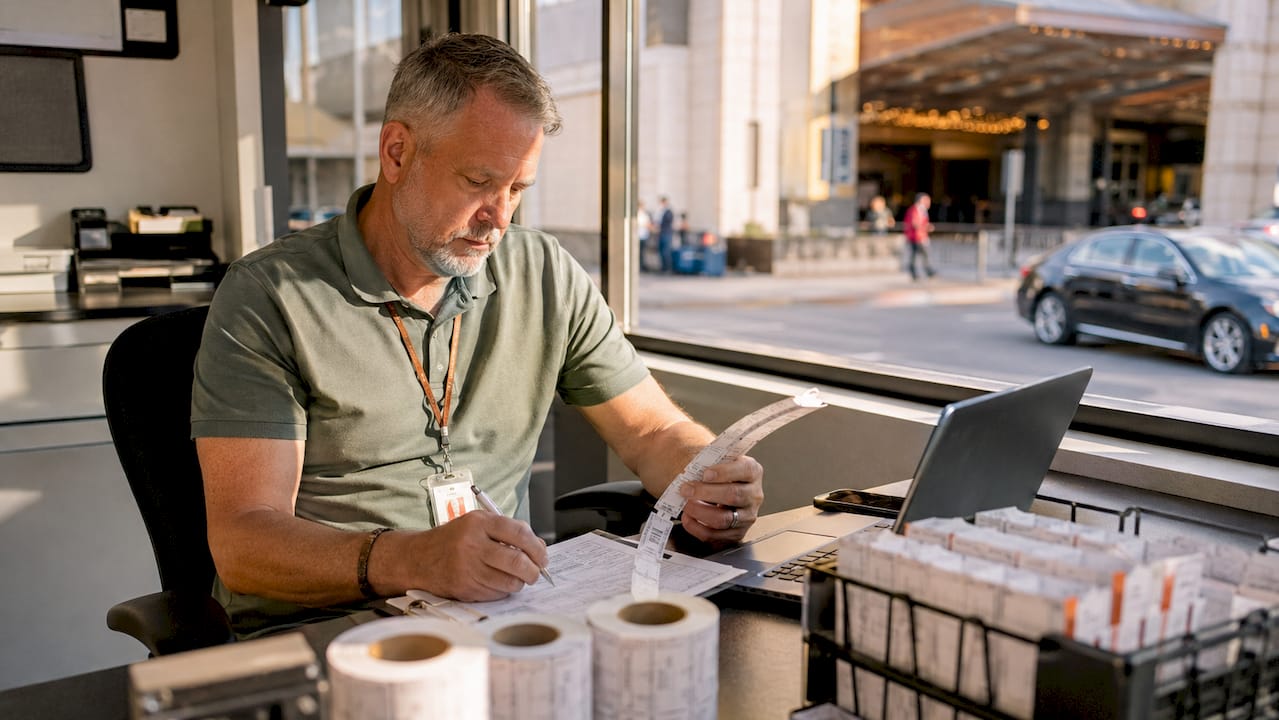 Casino parking manager checking validated parking tickets