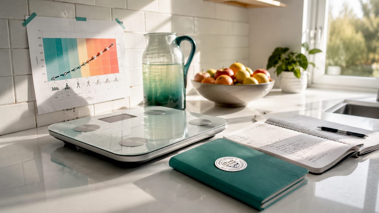 Desk with metabolism chart and scale