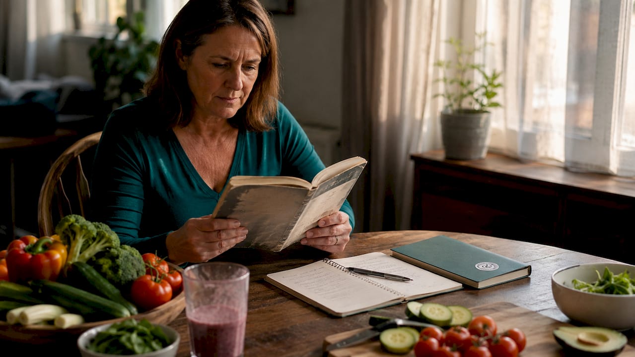 Woman reviewing weight loss program at kitchen