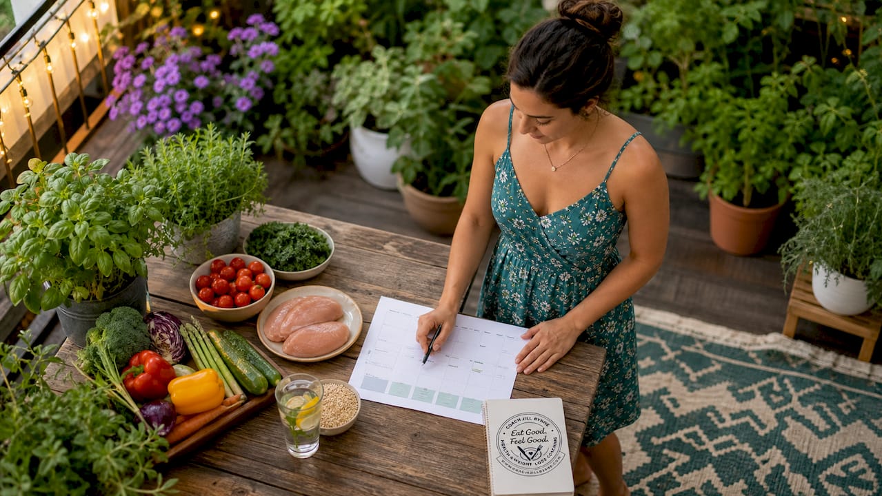 Woman planning healthy weekly meals in kitchen