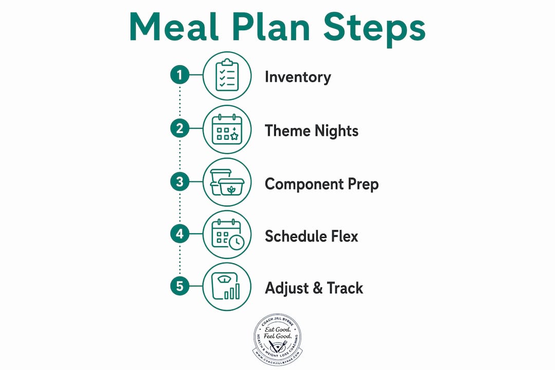 Infographic showing steps to build weekly meal plan