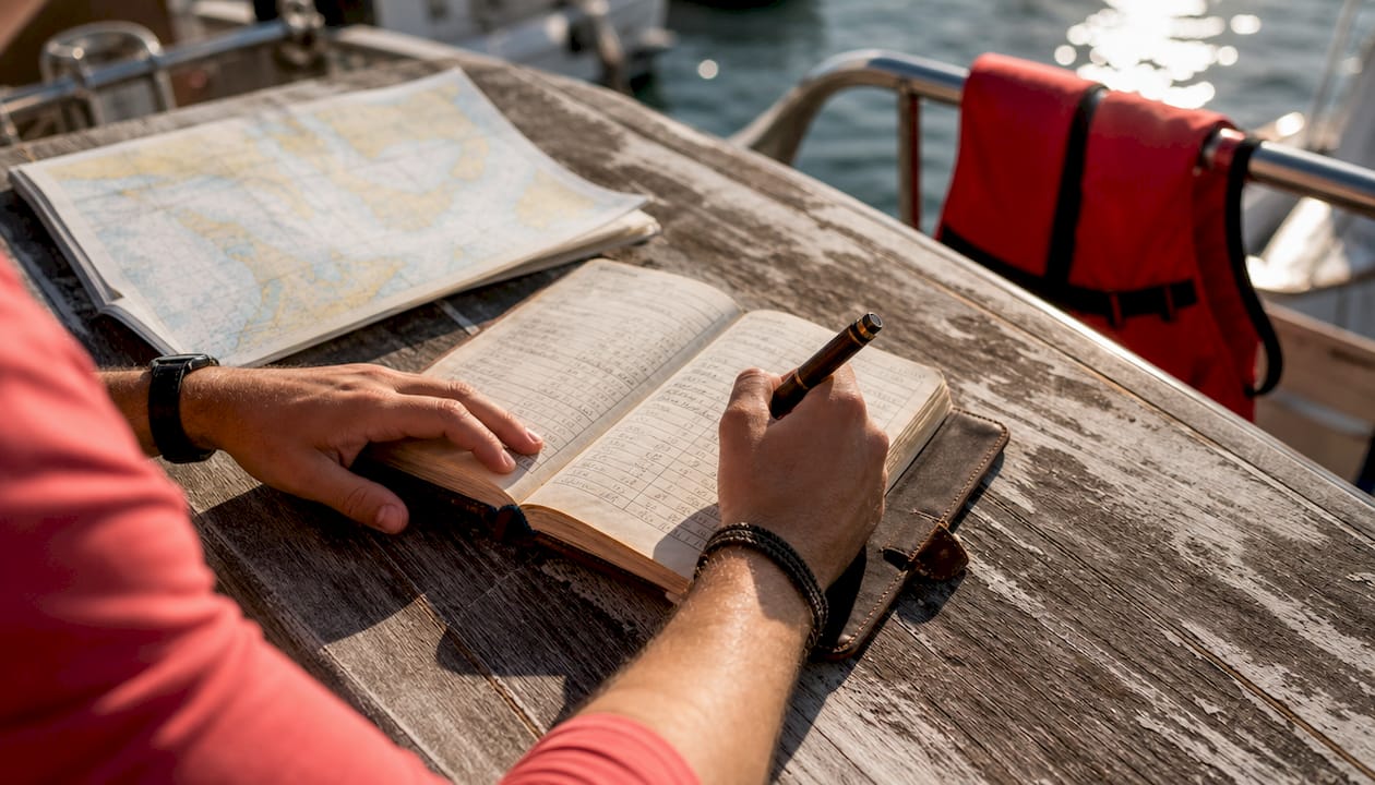 Hands writing in sea time logbook