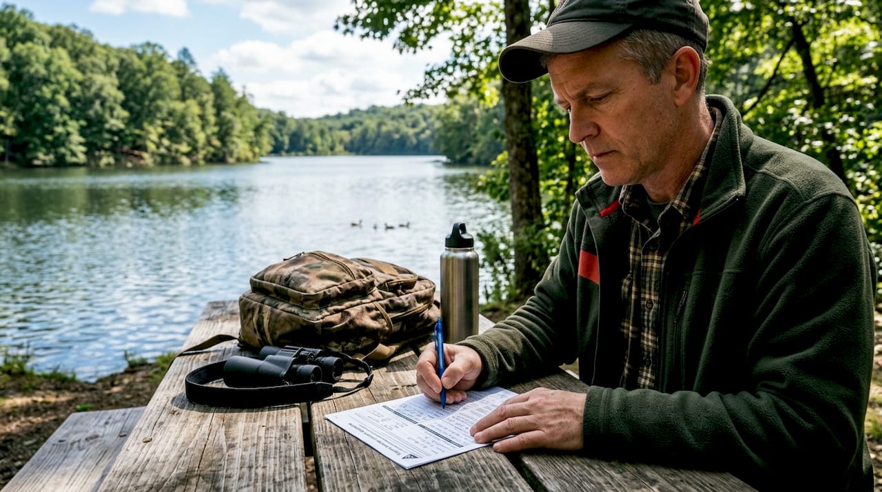 Man applying for Virginia hunting license at home