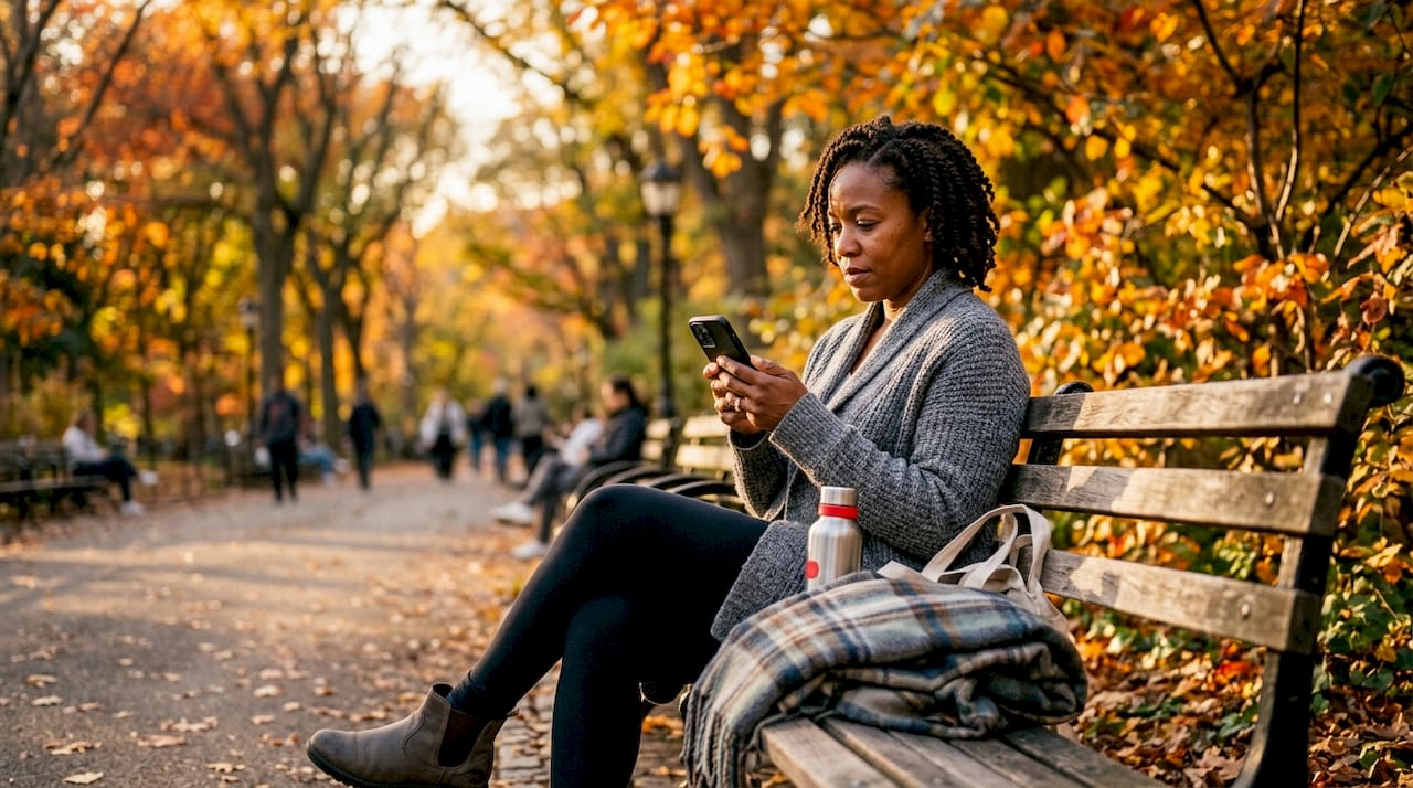 Woman managing hunting license on mobile app outdoors