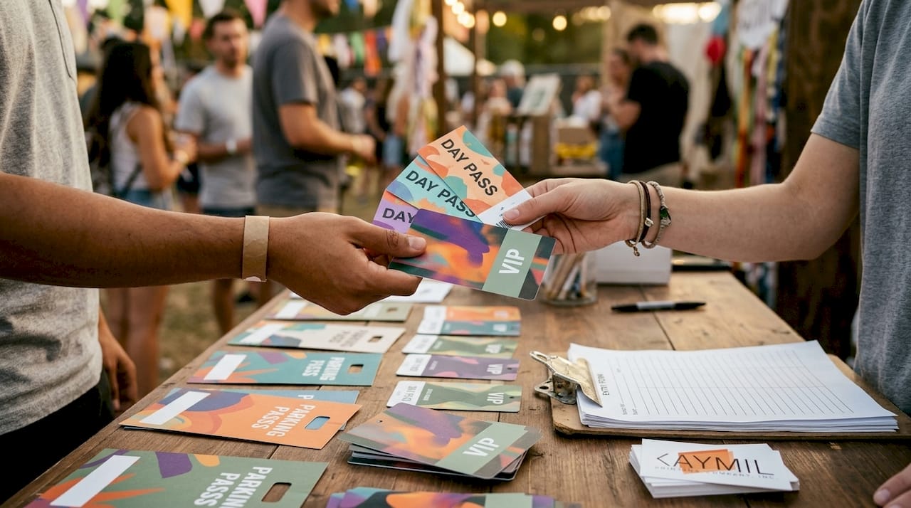 Hands exchanging event parking tickets outdoors