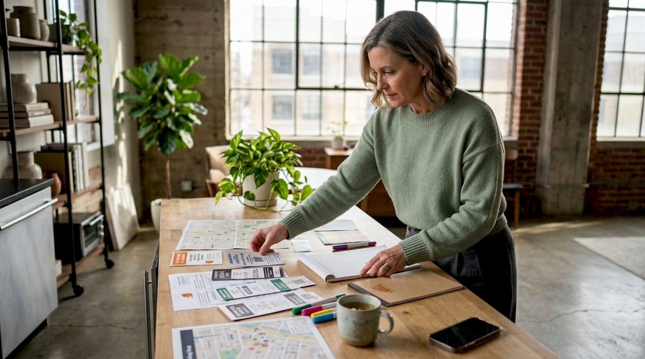Event planner organizing parking tickets at table