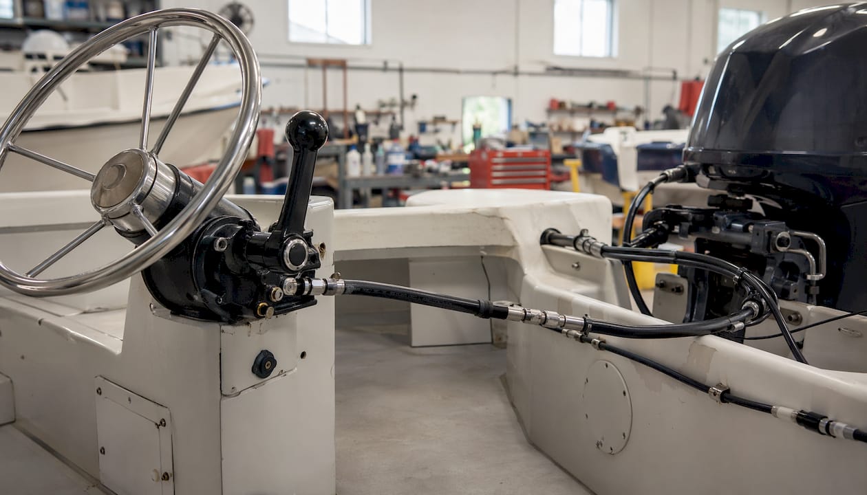 Mechanical steering system parts on boat helm