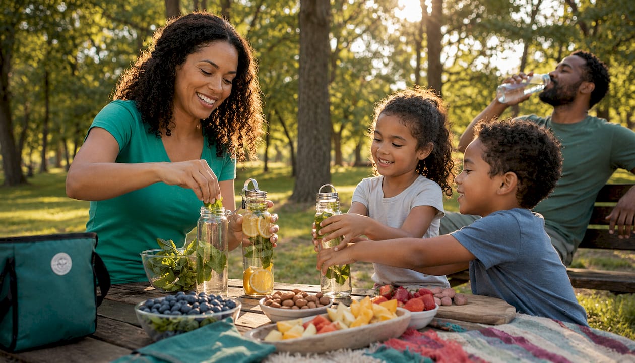 Family preparing water bottles in kitchen morning
