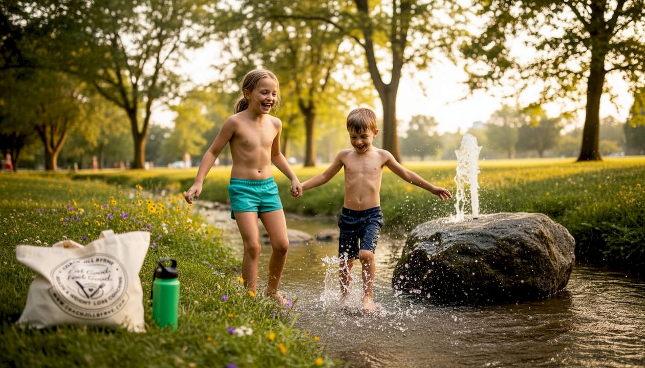 Children drinking water while playing outdoors