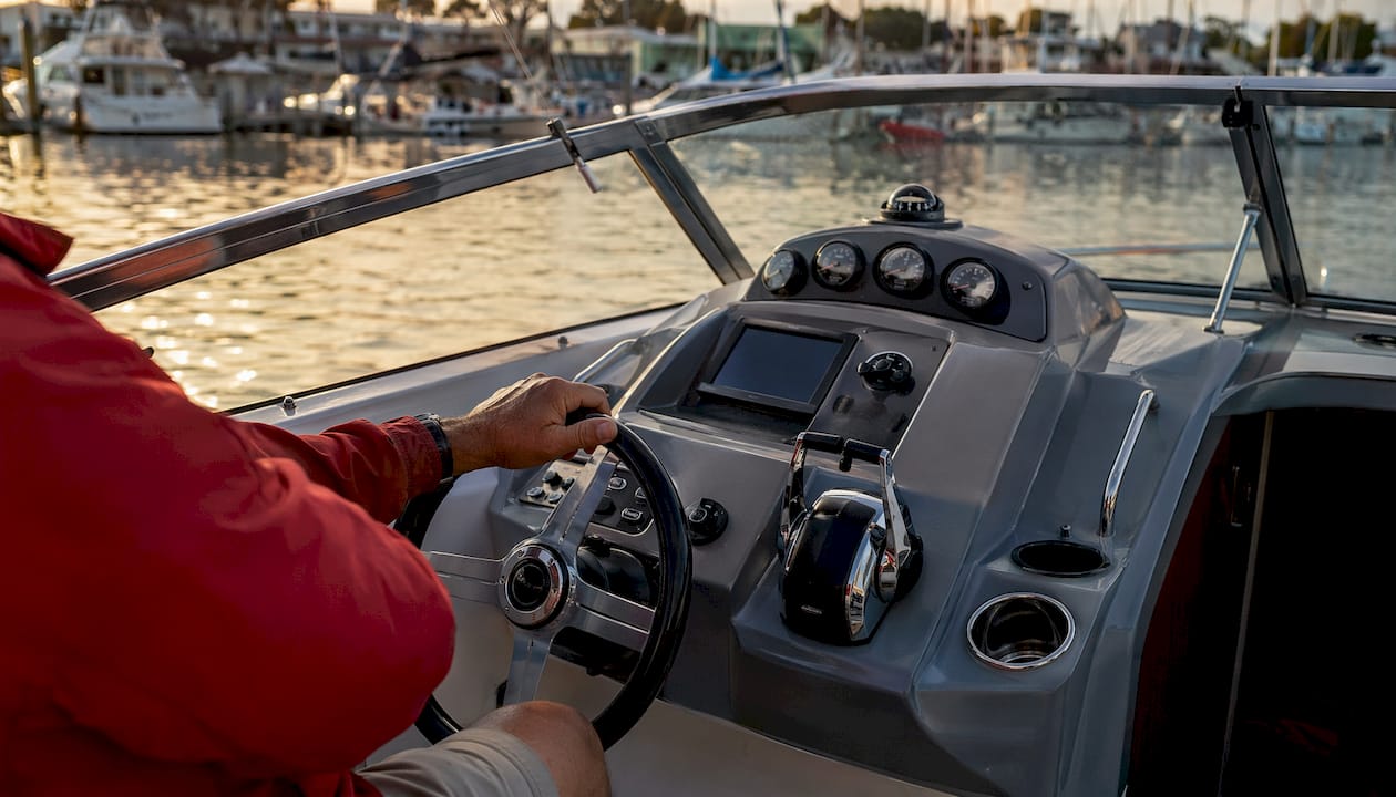 Boat helm with steering wheel and controls