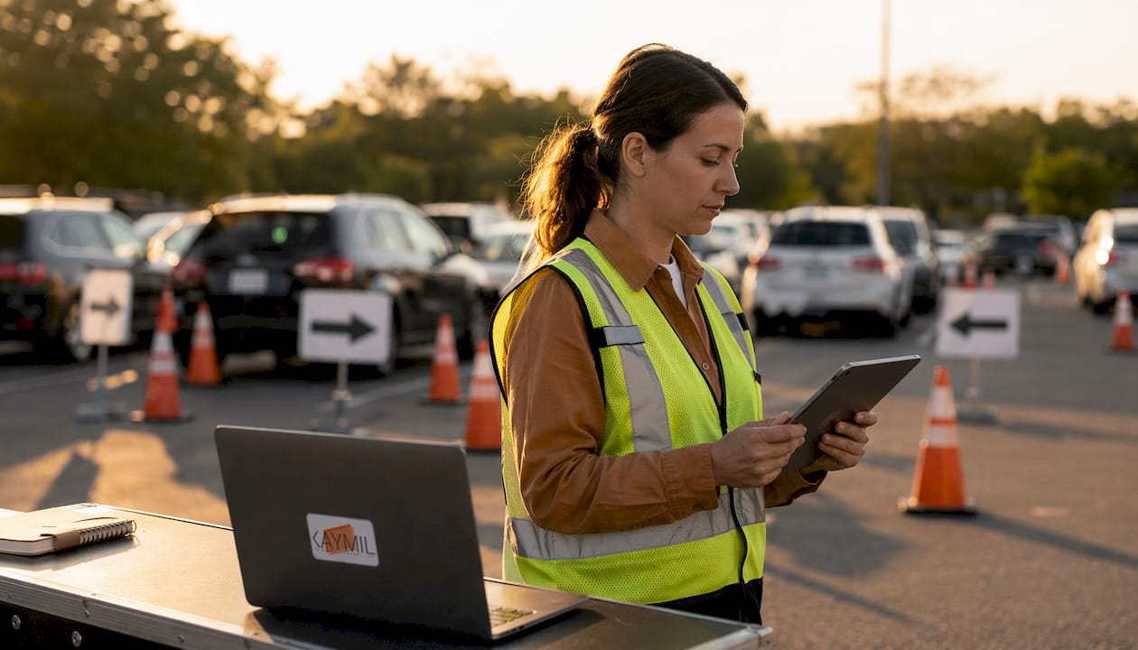 Event parking manager monitoring lot with tablet