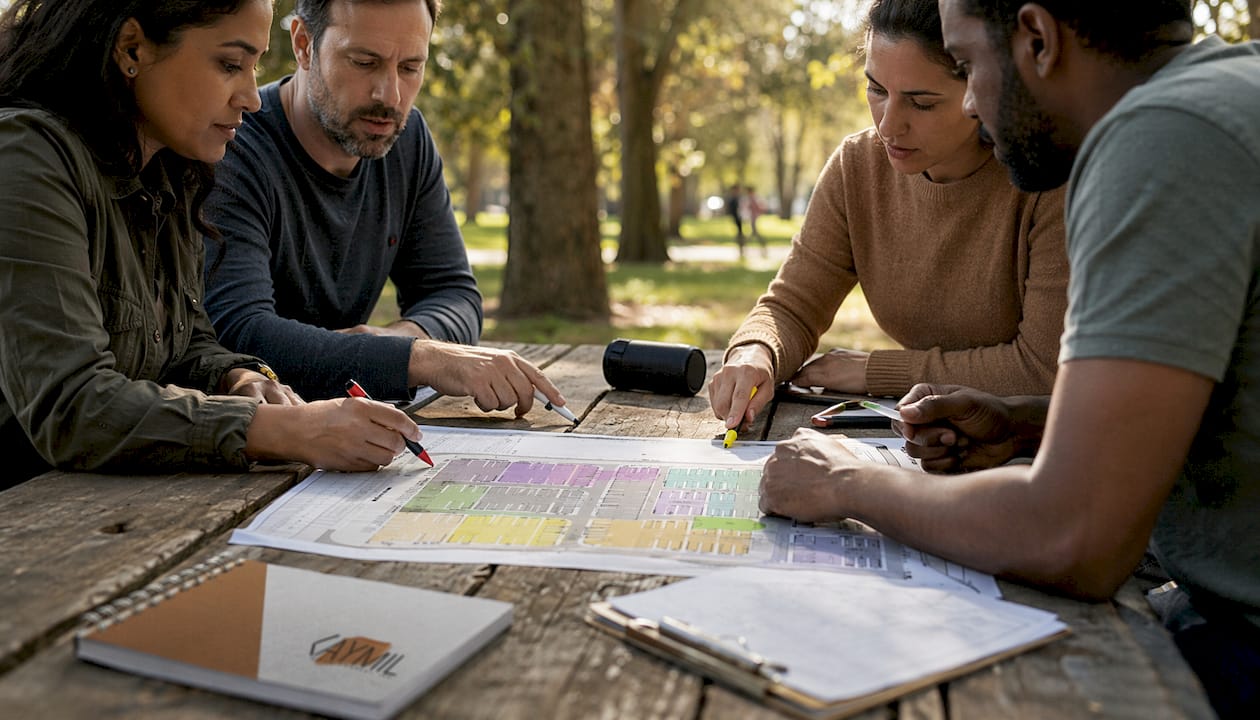 Team planning parking zone allocations outdoors