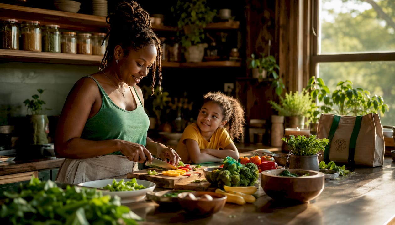 Mother cooking healthy dinner in kitchen with child