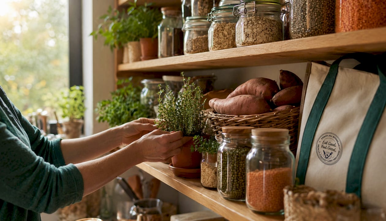 Close-up of pantry shelf with healthy cooking staples