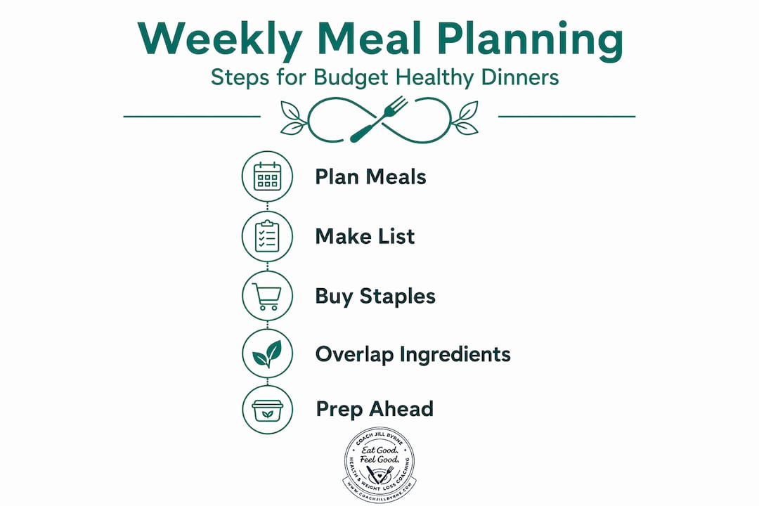 Infographic illustrating steps for budget meal planning