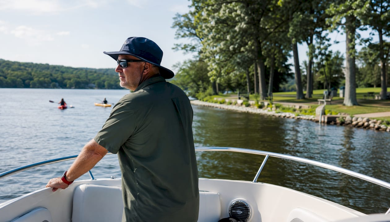 Man scanning water from small boat deck