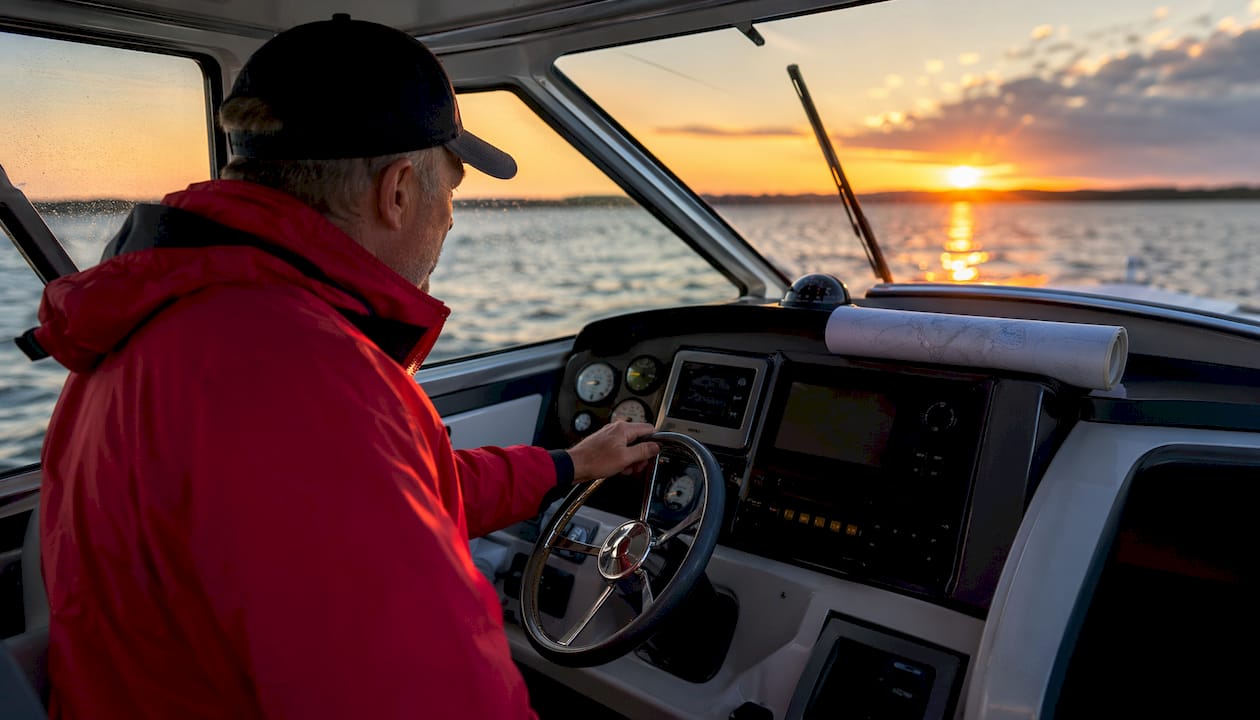 Captain hands on yacht helm adjusting course